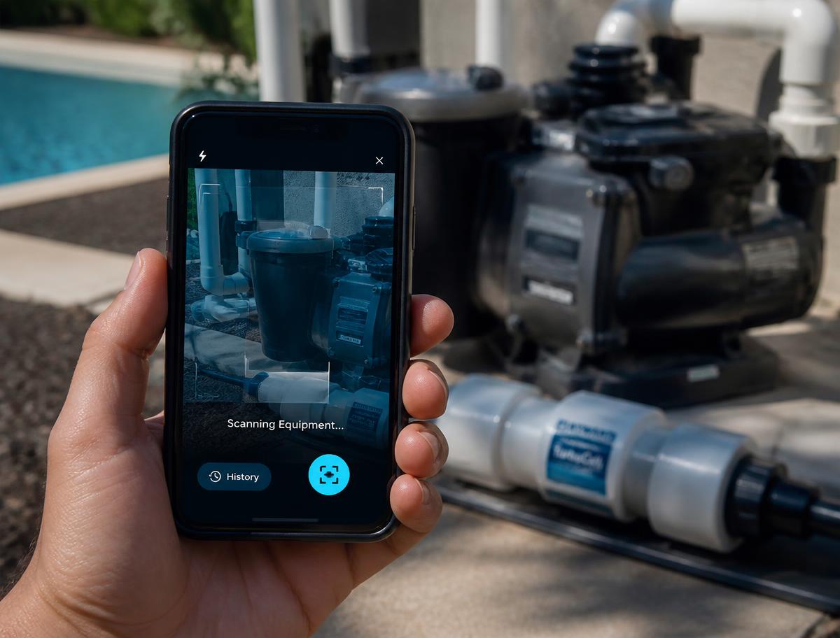 Technician scanning pool pump equipment with the Pool Prime Pro mobile app